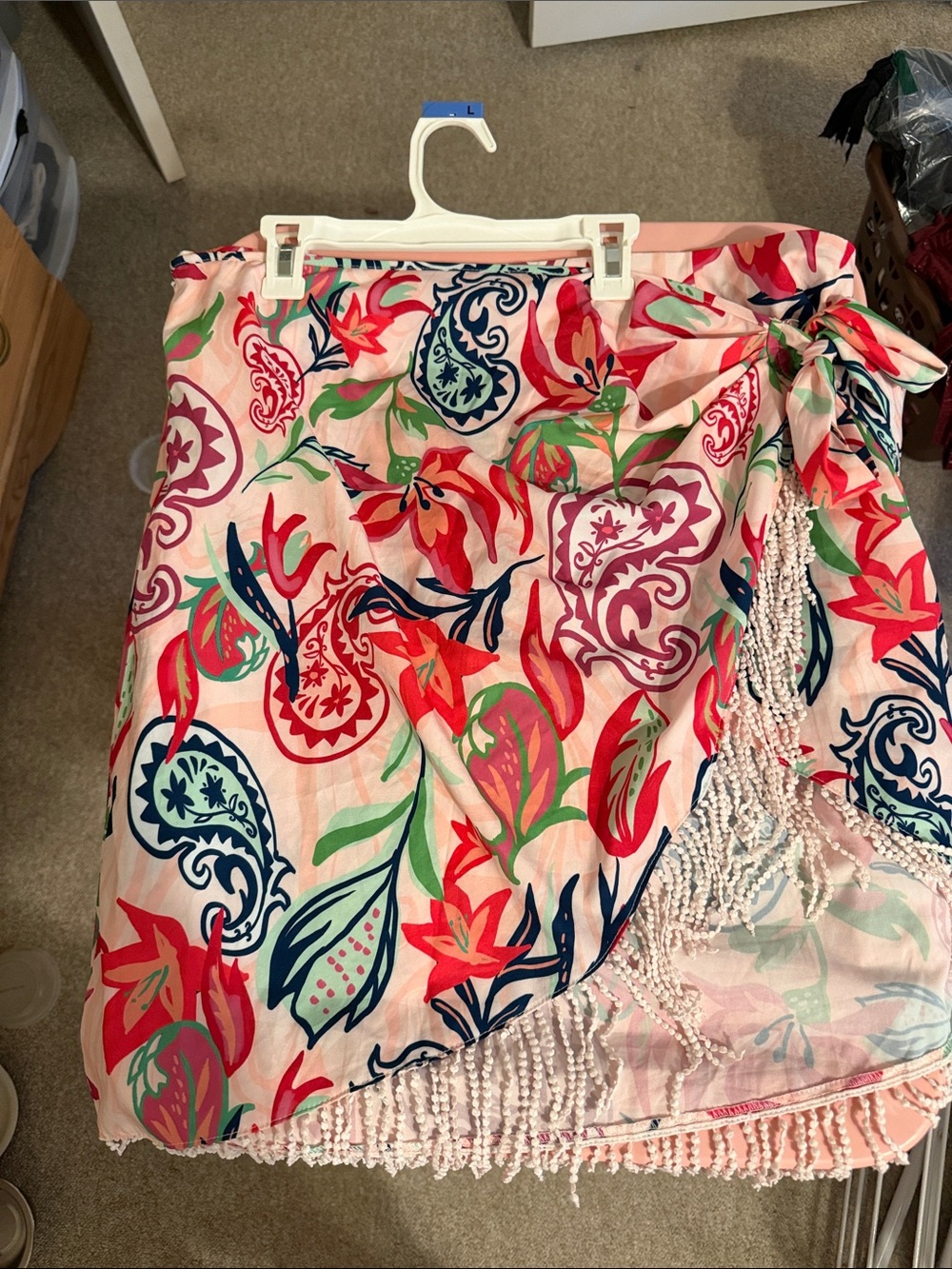 Pink Floral Tie-Side Wrap Skirt with Beaded Fringe